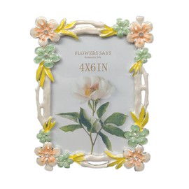 PYOAGT 4X6 Wedding Picture Frame with Enamel Finis Glass Front - Ornate Antique Pink and Green Flowers Photo Frame Tabletop/Wall Vintage Display Gifts for Women