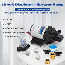 2.5GPM 12 Volt Sprayer Pump, Soft Wash Pump, 60PSI, 8 Amps, Chemical and Corrosion Resistant, Compatible with Roundup, Pressure Switch and Self-Priming for Agricultural Spraying, Soft Wash System