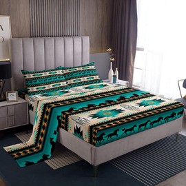 Horse Bed Sheets Dreamcatcher Sheet Set for Boys Child Teens Men,Aztec African Tribal Horse Printed Fitted Sheet Western Farm Animals Bed Cover Exotic Nordic Style Bedroom Decor,Queen