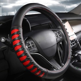 West Llama Microfiber Leather Car Steering Wheel Cover for Men Women,Universal Fit 14.5-15 inch(Leather Nails-Red+Black-Standard Size)