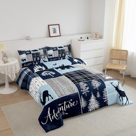 Hunting Bear Deer Quilt, Buffalo Plaid Comforter Set Twin Size Rustic Cabin Patchwork Bedding Set For Kids Boys Teens Adult, Farmhouse Cowboy Woodland Down Comforter With 1 Pillow Case, Blue Grey