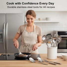 XAUZIX 12-Piece Heavy-Duty Stainless Steel Cooking Utensil Set – Long Heat-Resistant Handles – Turner, Ladles, Skimmers & More