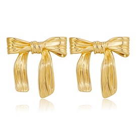 TONLUYAX Gold Silvery Bow Earrings for Women Classic Ribbon Bow Stud Earrings Cute Bowknot Earrings Gift, Brass, goldstone