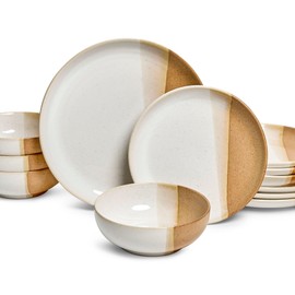 Sango Phoebe 12-Piece Multicolor Stoneware Dinnerware Set – Service for 4, Plate & Bowl Set, Caramel Stoneware with a Rustic White Glaze, for Daily Dining & Entertainment, Microwave & Dishwasher Safe