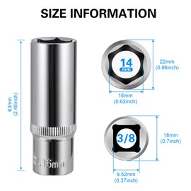 3-Piece 16mm Deep Sockets, 3/8-Inch Drive, 6-Point, Corrosion Resistance, Compatible with Standard Ratchet Wrenches and Tools