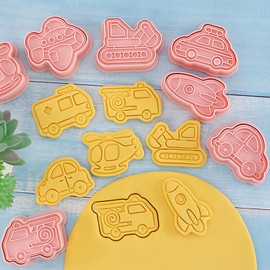 Transportation Vehicle Cookie Cutters with Cookie Stamps 8 Pcs Small Car Theme Cookie Stamps for Boys (Transportation Vehicle)
