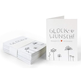 25 Gift Tags – Congratulations! – White with Flowers, Original Mini Greeting Cards for Writing on Gifts, Hand Lettering, Elegant Exclusive Individual, A7 Recycled Paper Folding Cards