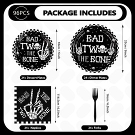 96Pcs Bad Two The Bone Party Supplies Black White Rock 2nd Birthday Plates and Napkins Tableware Bone Skull Second Birthday Party Decoration for Boy Skeleton Rock And Roll Music Theme Favors Serve 24