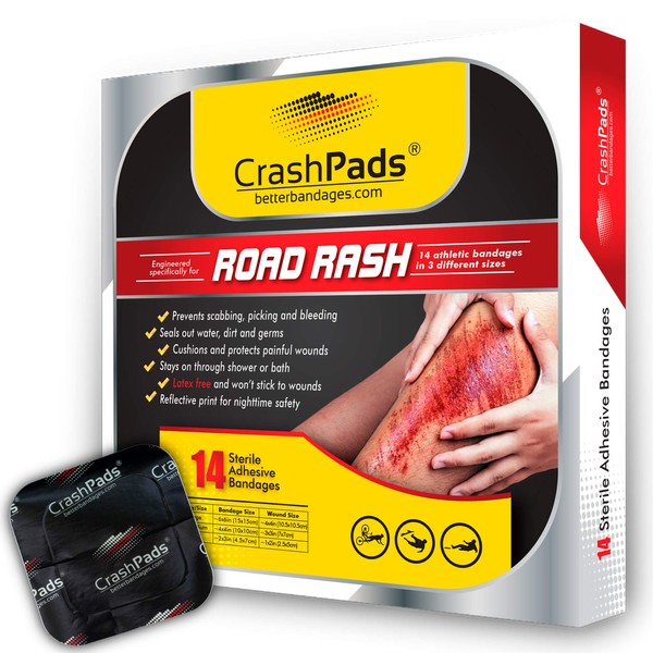 Assorted CrashPads® Adhesive Bandages for Road Rash, Raspberries, Cuts, Scrapes and Burns (Crash Pads roadrash Dressing) [14pcs: 2-Large, 4-Medium and 8-Small]