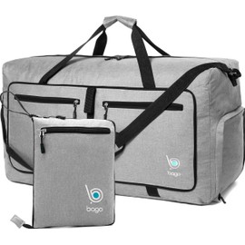 Bago Foldable Duffel Bags for Traveling Women & Men - 60L Medium Packable Duffle Bag for Travel with Shoe Compartment - Water Repellant, Heavy Duty, Lightweight Folding & Collapsible (SnowGray)
