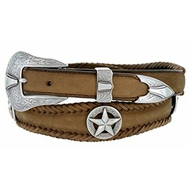Antique Silver Star Conchos Crazy Horse Scalloped Genuine Leather Western Belt 1"(25mm) Wide (Brown, 32)