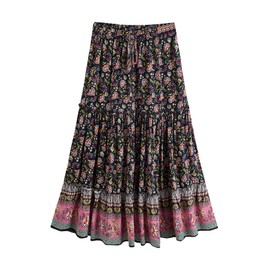Milumia - Falda larga con estampado floral clásico para mujer, estilo bohemio, para verano, Azul marino, M
