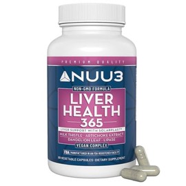 NUU3 Liver Health 365 - Liver Cleanse & Detox Support Supplement - Milk Thistle, Artichoke, Dandelion, Solarplast, Lipase & Protease Enzymes - Aid Tissue Regeneration & Bile - 60 Capsules