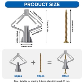 100 Piece Plasterboard Dowel Set, Drywall Dowels, Plasterboard Dowels with Screws 50 mm, Butterfly Cavity Dowels for Plasterboard, Fibreboard, Cavity Walls (50 Dowels + 50 Screws)