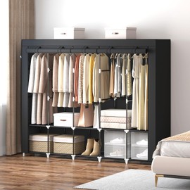 MOGELAFOO 83 Inch Large Capacity Portable Closet Wardrobe with Non-Woven Fabric Cover and 4 Side Pockets, 5 Hanging Rods, 10 Shelves - Black Clothes Storage Organizer for Hanging Clothes