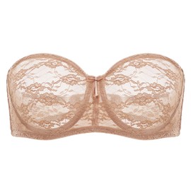 DOBREVA Women's Strapless Bra with Underwire Transparent Lace Dirndl Bandeau Bras with Transparent Straps, Natural