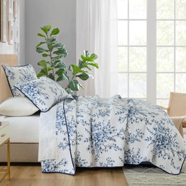 SahSahCasa 100% Cotton King Size Quilt Set, Quilted Bedspread, Lightweight Comforter, Botanical Pattern Bed Spread, All Season, 3pcs, Navy Blue/White