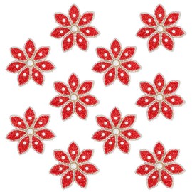 DELORIGIN 10pcs Crystal Flower Pearl Iron On Patch Hotfix Rhinestone Appliques 3.5inch Diameter Bling Rhinestone Dress Belt Embellishment Applique Emblem Patch for Party Dress Backpacks (Red)