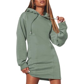 AlvaQ Fall Dresses for Women 2024 Outfits Hooded Sweatshirt Dress Trendy Solid Color Long Sleeve Hoodies Pullover Tunic Dresses Green Medium