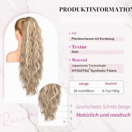 REECHO Ponytail Extension, 66 cm Long Beach Wavy Drawstring Ponytail Hair Extension Synthetic Ponytail Hairpiece for Women - Ash Blonde with Highlights