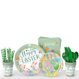 Disposable Easter Colorful Tableware Set Bunny Party Supplies Include Easter Plates Cups Napkins Cutlery Colorful Eggs Tablecloth for Easter Party Supplies Table Decoration
