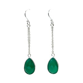 India with Love 925 Sterling Silver Teardrop Dangle Earrings, Chain Drop Design (Green Onyx)
