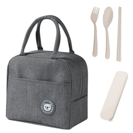 Insulated Lunch Bag with 3-Piece Cutlery (Boxed) Waterproof Leak-Proof Cool Bag Insulated Bag Reusable Foldable Carry Bag for Outdoor School Picnic or Work (Grey)