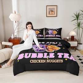 American Fast Food Comforter Set Full Size,Cartoon Love Heart Bubble Tea Bedding Set 3Pcs,Delicious Food Print Quilt Set for Kids Boys Girls Teens Room Decor,Black Duvet Insert,2 Pillowcases