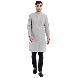 SKAVIJ Men's Handloom Cotton Solid Round Neck Kurta Long Sleeves Knee Length Casual Shirt (K005grey_Grey_X-Large)
