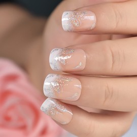 Medium Short Bling Butterfly Glitter Pink Nude White French False Nails Squoval Square Press on Nails Finger Wear Daily Nail Art Tips