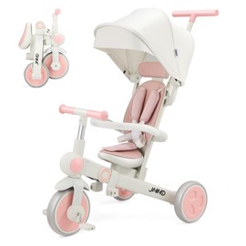 JMMD Baby Tricycle, 7-in-1 Foldable Kids Trike with Adjustable Parent Handle, Safety Harness & Wheel Brakes, Removable Canopy, Stroll Trike for Boys & Girls Ages 18 Months-5 Years, Pink