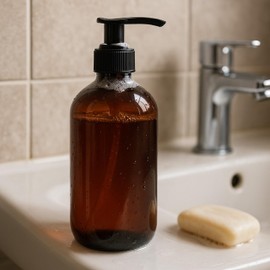 ISOLATECH Set of 4 500 ml Bathroom Soap Dispenser Bottles Set with Black Dosing Pump - Brown PET Empty Bottles, Refillable for Shower Gel, Shampoo, Body Lotion