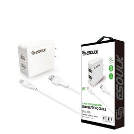 Esoulk 12W 2.4A Dual USB Travel Wall charger With 5FT Charging Cable for 8 PIN In White