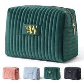 COSHAYSOO Travel Makeup Bag Quilted Make Up Pouch Initial Velvet Cosmetic Case with Butterfly Decorations for Women Cosmetics Complexion Skincare Products Tools Accessories Organizer Green Letter W