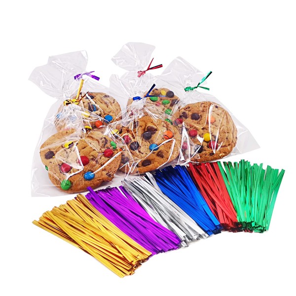 Wowfit 200 CT 4” x 6” Clear Flat Cellophane Treat Bags with 6 Colors 4" Twist Ties, Cello Packaging for Gift Wrapping, Decorations, and Food Storage