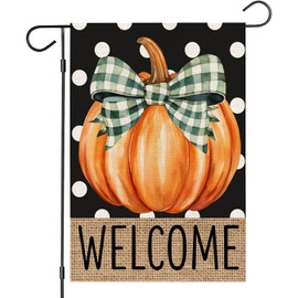 OQUAYA Fall Welcome Garden Flag 12x18 Inch, Pumpkin Double Sided Small Decorative Flag for Outside Yard Lawn Outdoor Decoration (White Polka Dot-NO.9)