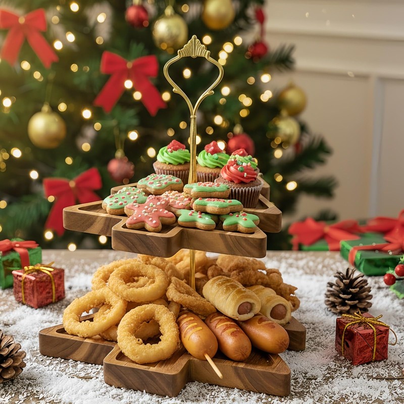 Christmas Tree 2-Tier Wood Serving Tray – Acacia Wooden Tiered