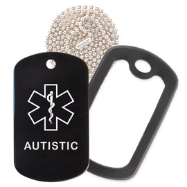 Autistic Medical Alert ID Necklace with Black Tag, Black Silencer, and 30'' USA Chain - 154 Color Choices