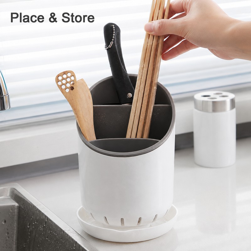 Chopstick Holder with Drain Plate for Kitchen - Divided Utensil