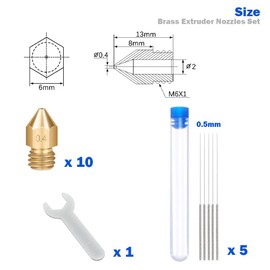 Lokkr 3D Printer Brass Extruder Nozzles Set, 10PCS Brass 0.4MM MK8 Nozzles, 5PCS 0.4MM Nozzles Cleaning Needles with Wrench for Makerbot, E3D, Creality CR-10/Ender 3/3 V2/3 S1/5/, Prusa i3