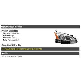 Marketplace Auto Parts - Right Passenger Side Headlight Assembly - Compatible with 2013-2015 Nissan Sentra