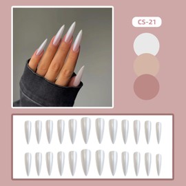 Vopintpy Extra Long Stiletto Press On Nails - Aurora White Solid Color Fake Nails Mirror Ballerina Acrylic Nails with Glue On, Reusable Full Cover Stick On Nails for Women - DIY Charm Manicure