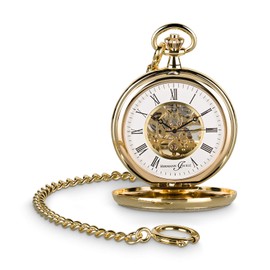 Hermann Jäckle Stylish Bayreuth Pocket Watch Gold-Plated with Hand-Winding Skeleton Movement Mineral Glass Quality Handwork Including Chain and Travel Case, gold, Classic
