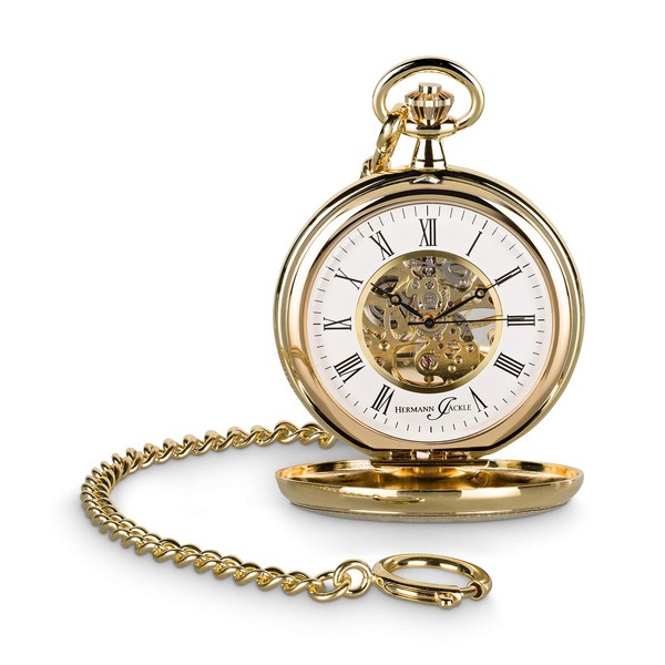 Hermann Jäckle Stylish Bayreuth Pocket Watch Gold-Plated with Hand-Winding Skeleton