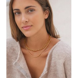Aobei Pearl 18K Gold Chunky Chain Choker for Women Dainty Bead and Round Circle Link Necklace Adjustable Layering Jewelry 16”