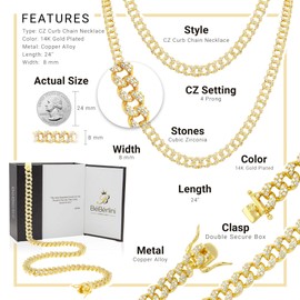 BEBERLINI Cuban Link Necklace Bracelet Set 14K Gold Plated 8 mm Cubic Zirconia Curb Chain Men Women Fashion Jewelry