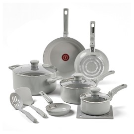 T-fal Refresh Ceramic Ceramic Non Stick Cookware Set 12 Piece, Oven Broiler Safe 350F, Cookware, Kitchen Cooking Set w/Fry Pans, Saucepans & Kitchen Utensils, Pots and Pans Set Nonstick, Moon Gray