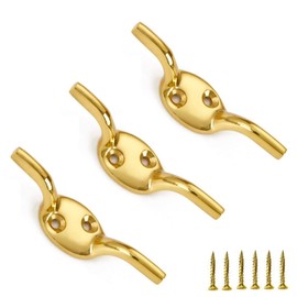 TERF® Heavy Duty Solid Brass Rope Cord Cleat Hooks 75mm [ 3'' ] Washing Line Blind Curtain Ship Flagpole Cord Rope Cleat Hooks with Fixing Screw and Multi Purpose Use - Pack of 3
