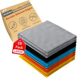 REXO Microfibre Cleaning Cloth - Large 40x40 cm, Pack of 15 - Premium Reusable, Multi-Surface, Lint Free Cleaning Cloths - Ultra Absorbent, Soft, Durable for Kitchen, Car & More (Multicolour)