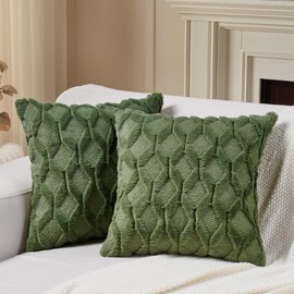 Volcanics Pack of 2 Faux Wool Throw Pillow Covers 18x18 Inches Decorative Farmhouse Velvet Couch Pillow Case Soft Plush Square Boho Cushion Pillowcase, Olive Green